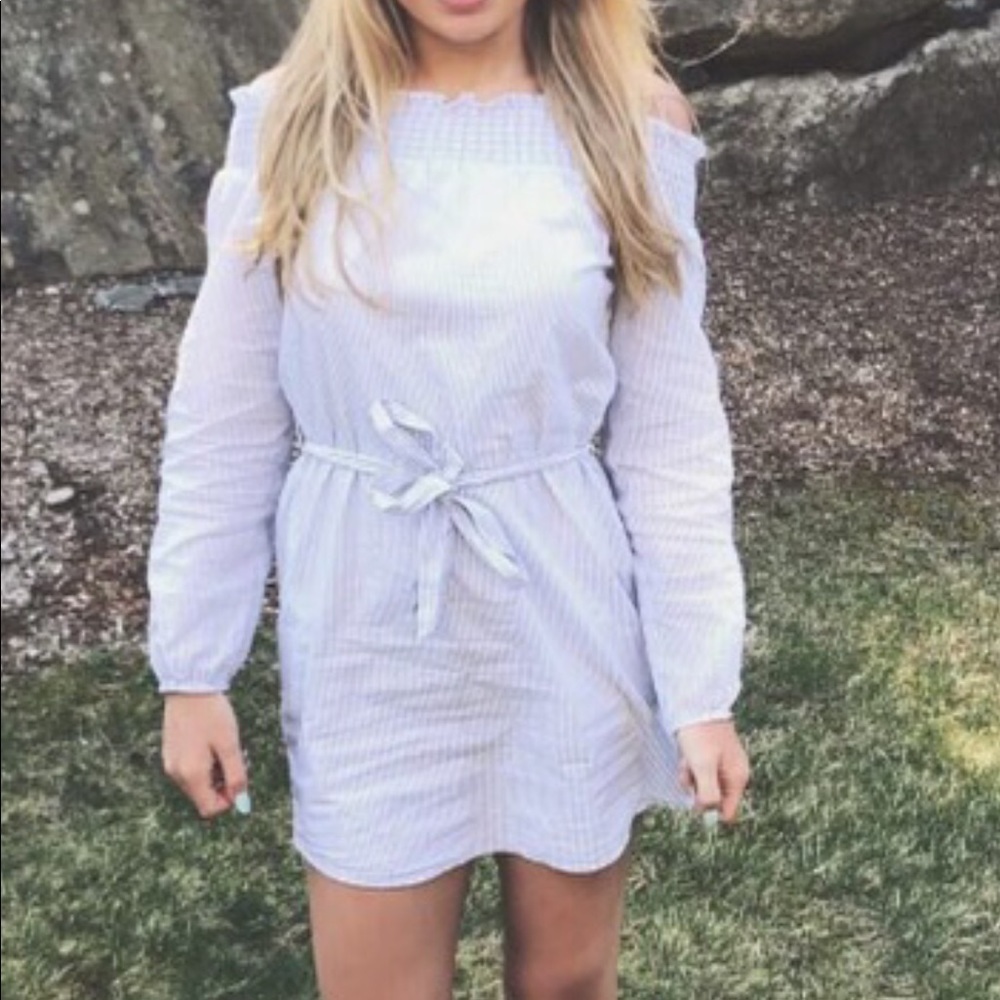 Pale blue & white striped off the shoulder dress - Picture 2 of 2